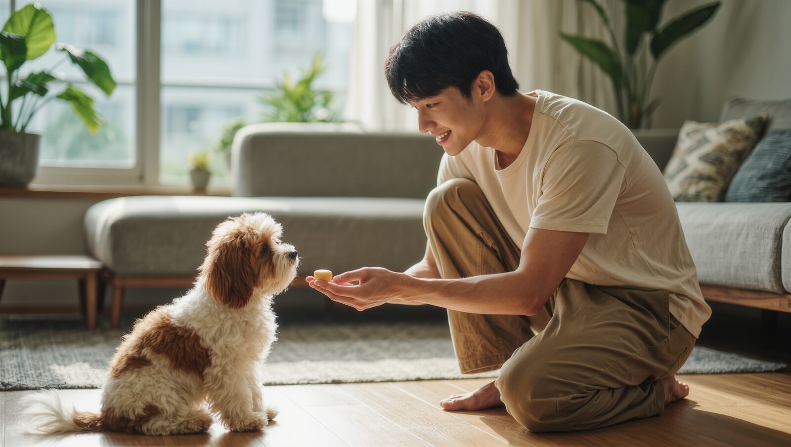 リビングで愛犬におやつを手渡す男性