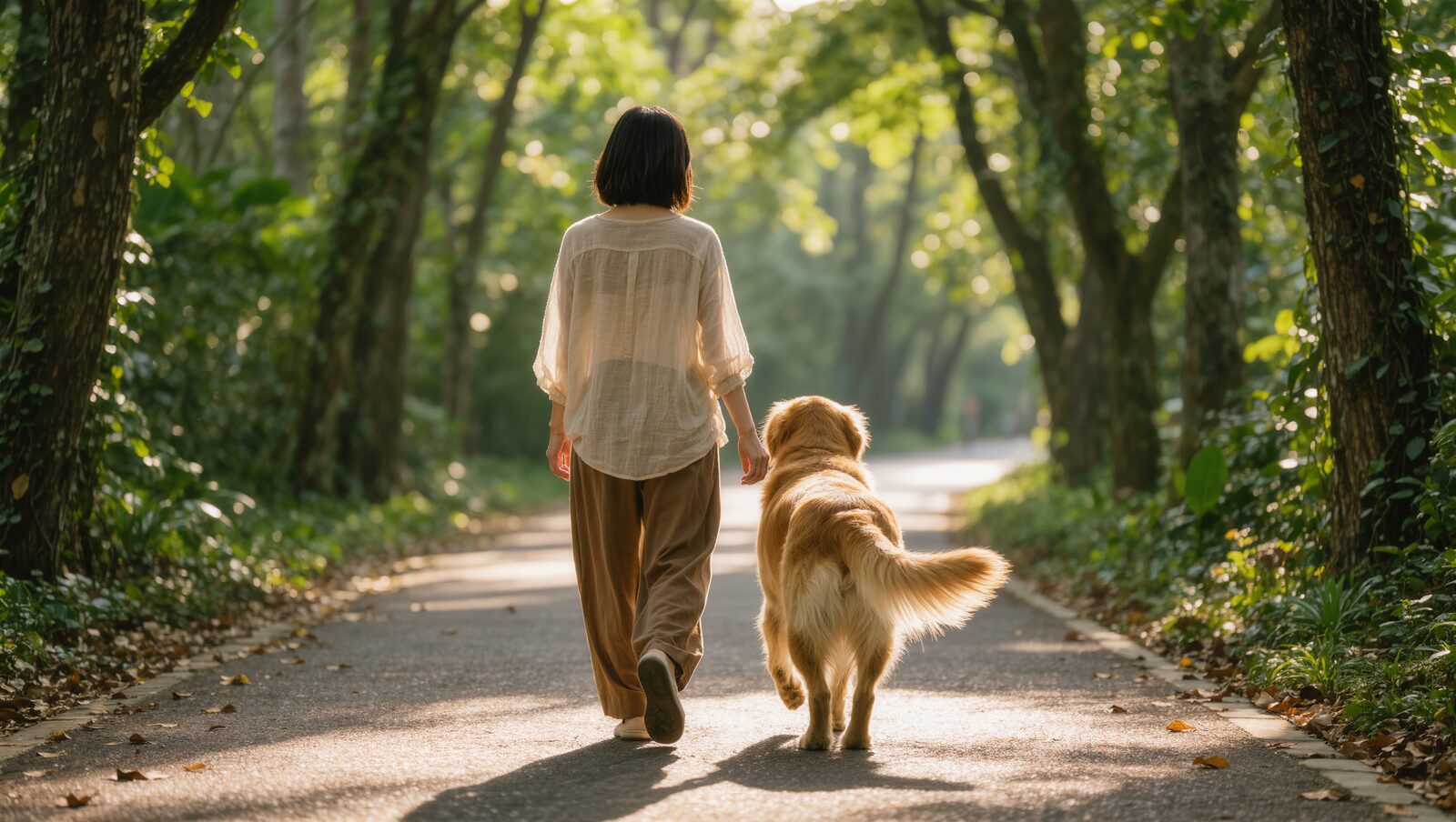 木漏れ日の遊歩道を散歩する女性と犬