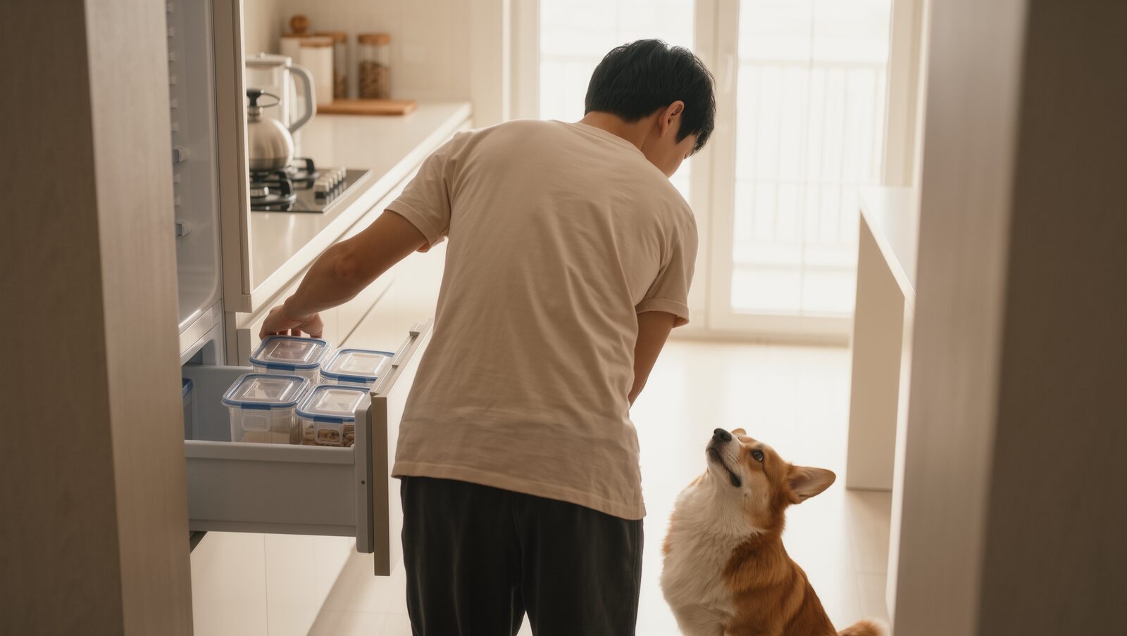 冷凍庫の引き出しを開ける飼い主を見上げるコーギー