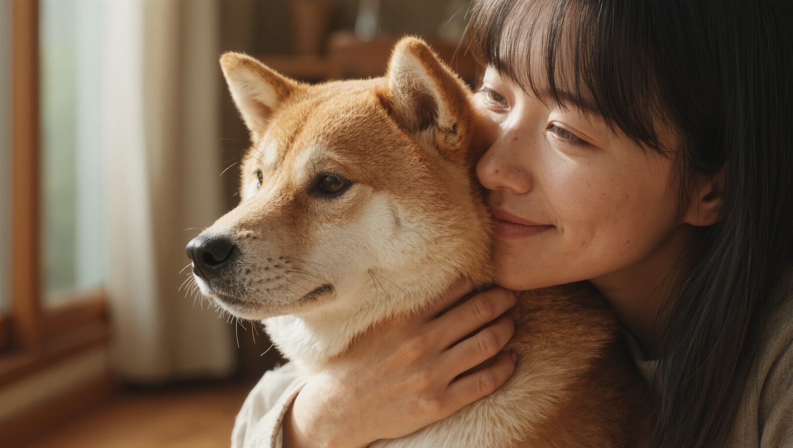 飼い主に優しく抱きしめられる毛並みの良い柴犬