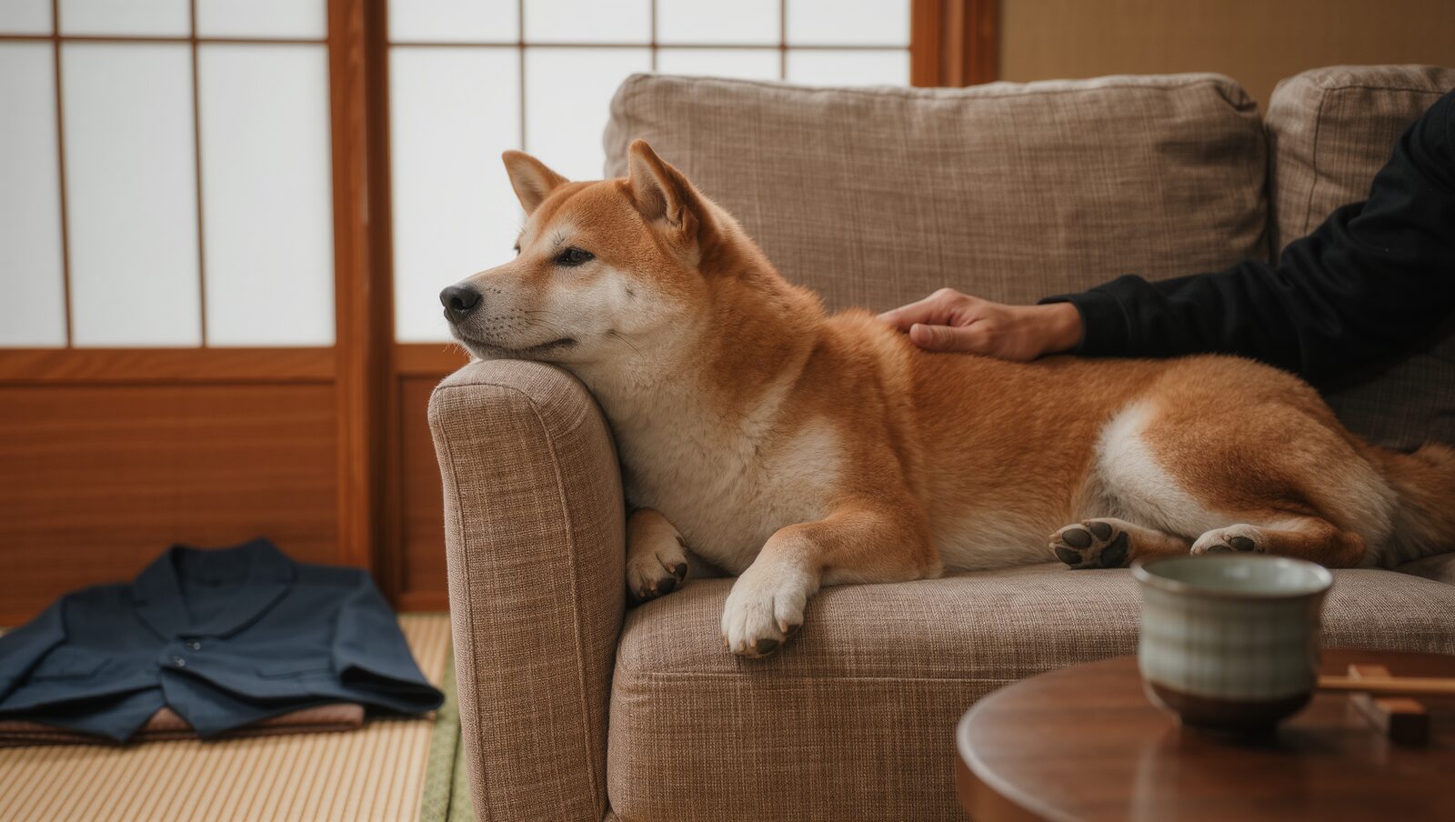 ソファでくつろぐ柴犬の背中をなでる飼い主の手