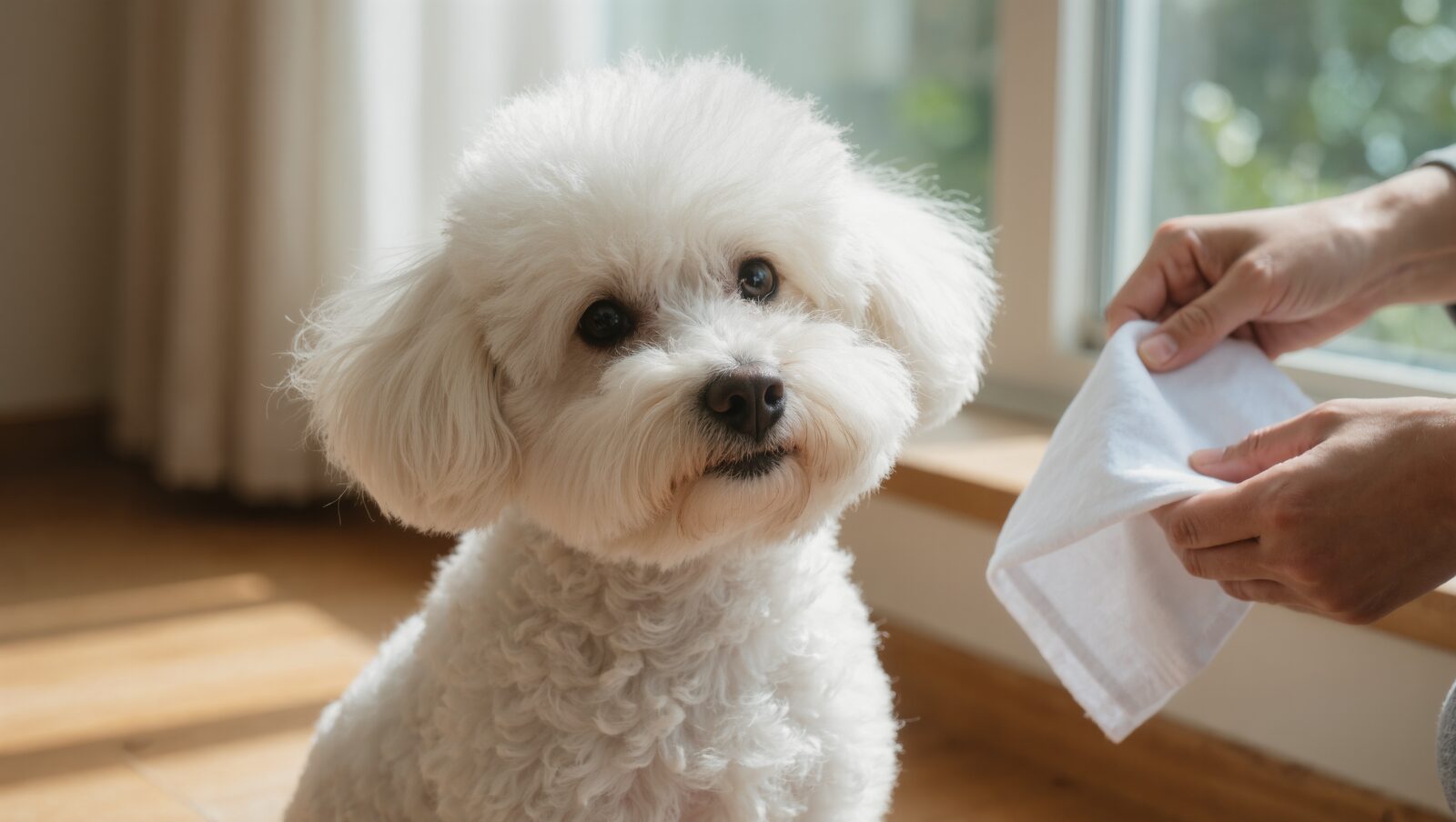 清潔な布を持つ飼い主と、見つめる白いトイプードル