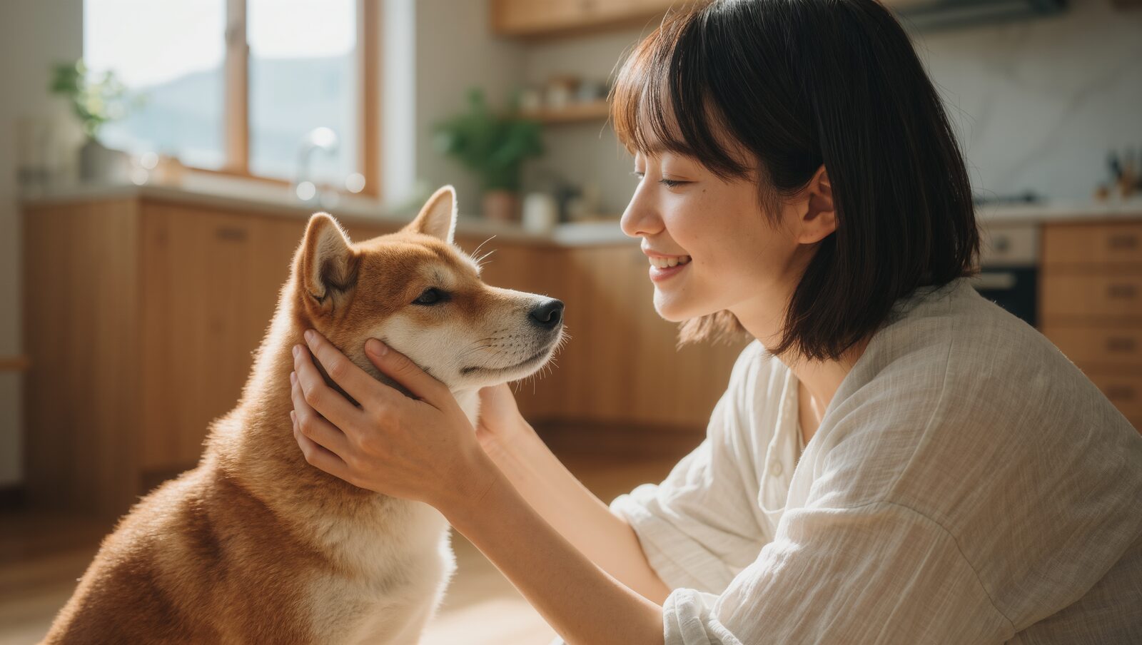キッチンで飼い主に頬を包まれて目を細める柴犬