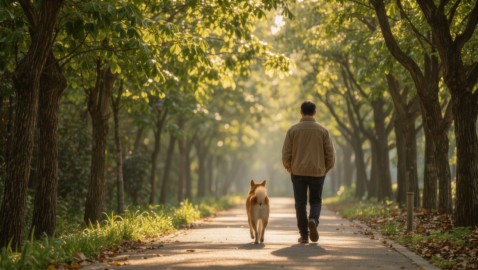 木漏れ日の並木道を歩く男性と柴犬の後ろ姿