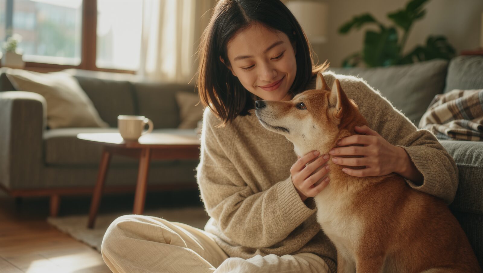 リビングで犬をやさしくなでる女性