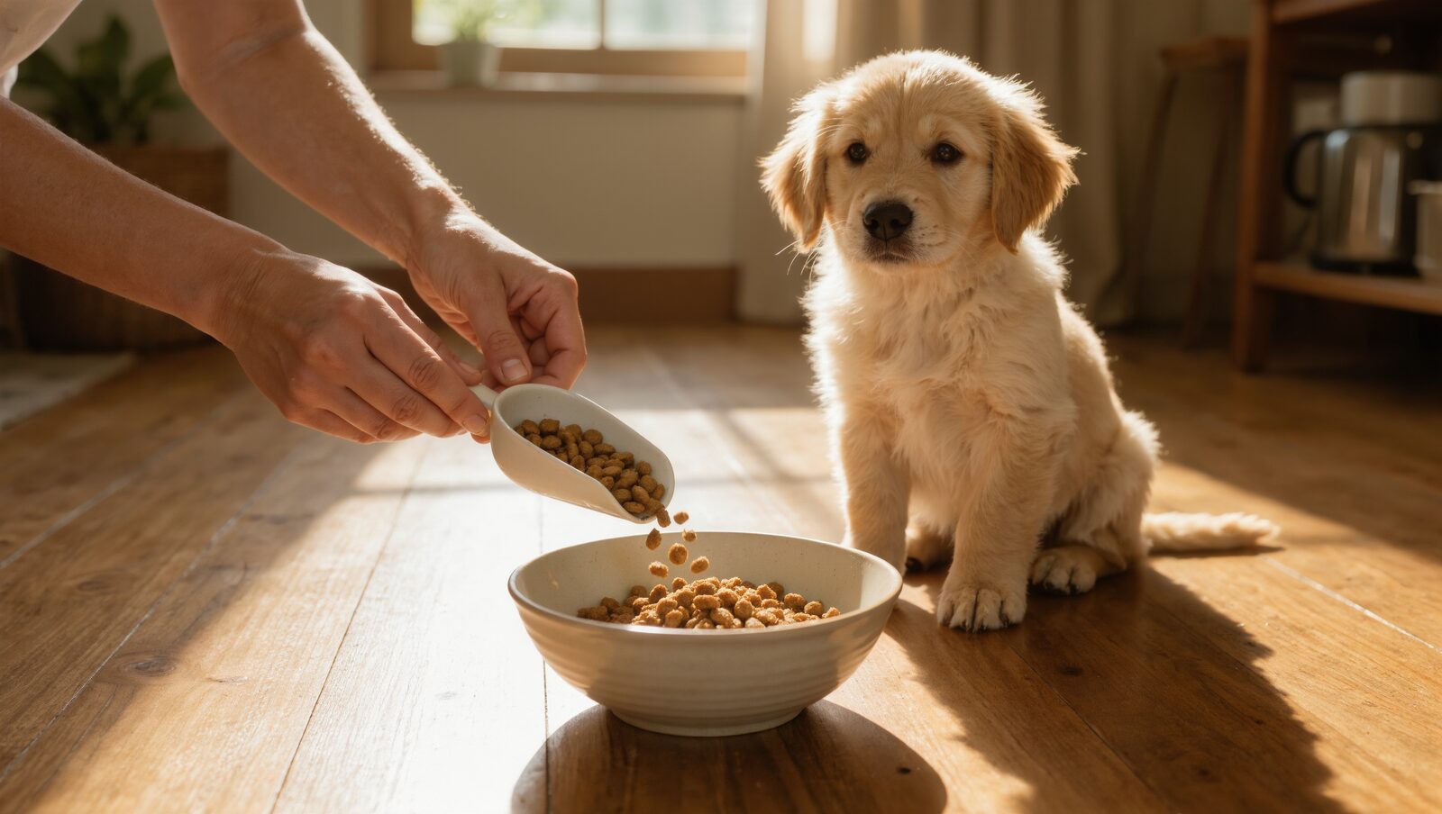 飼い主がボウルにフードを入れるのを待つゴールデンの子犬