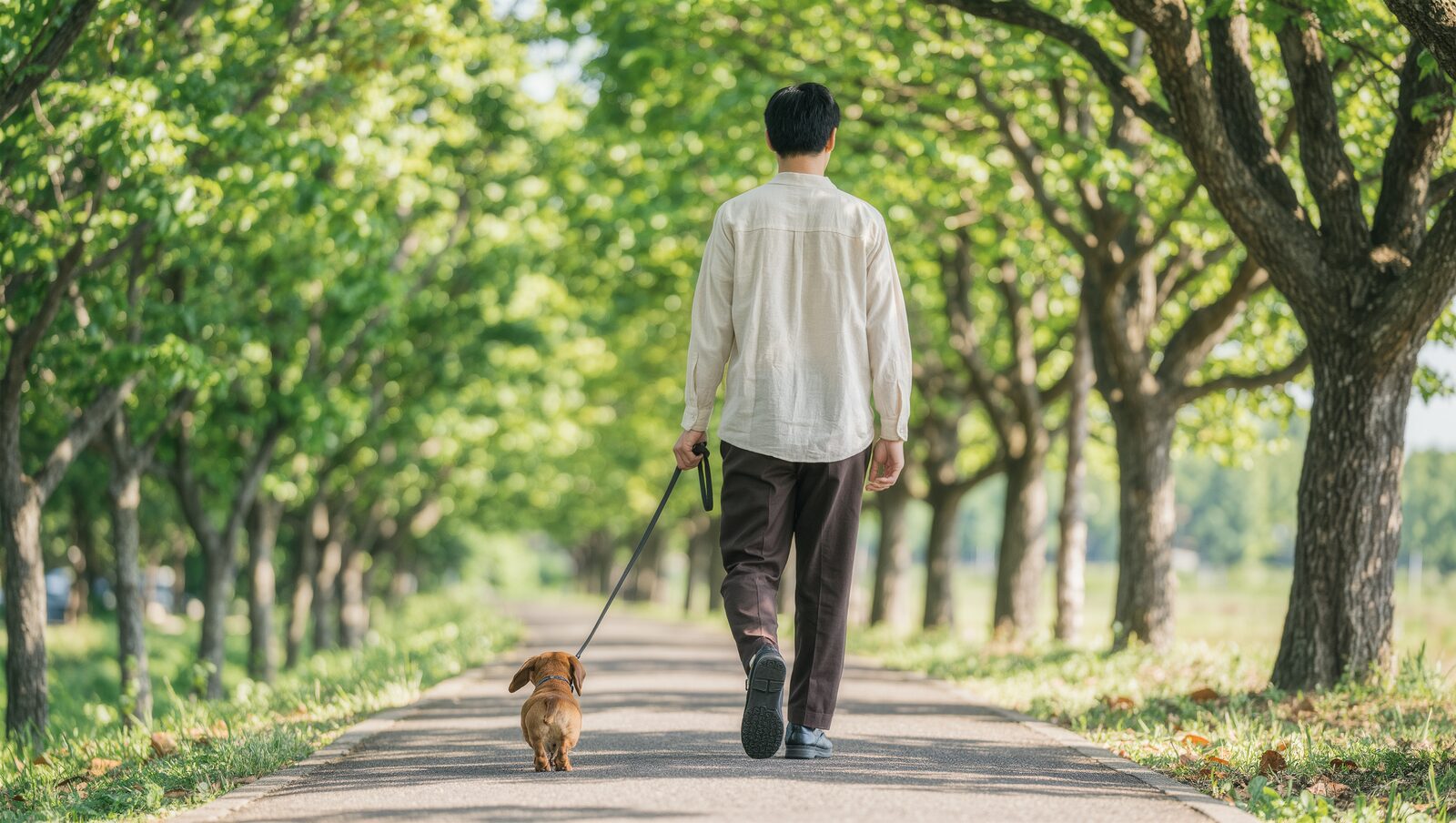 木陰の遊歩道をリードをつけて散歩するダックスと飼い主の後ろ姿