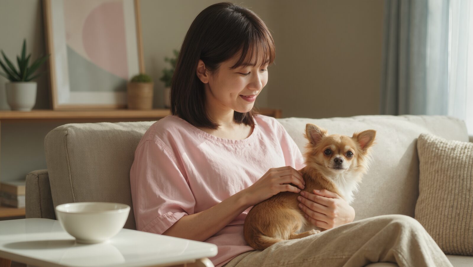 ソファで飼い主にやさしくなでられるチワワ