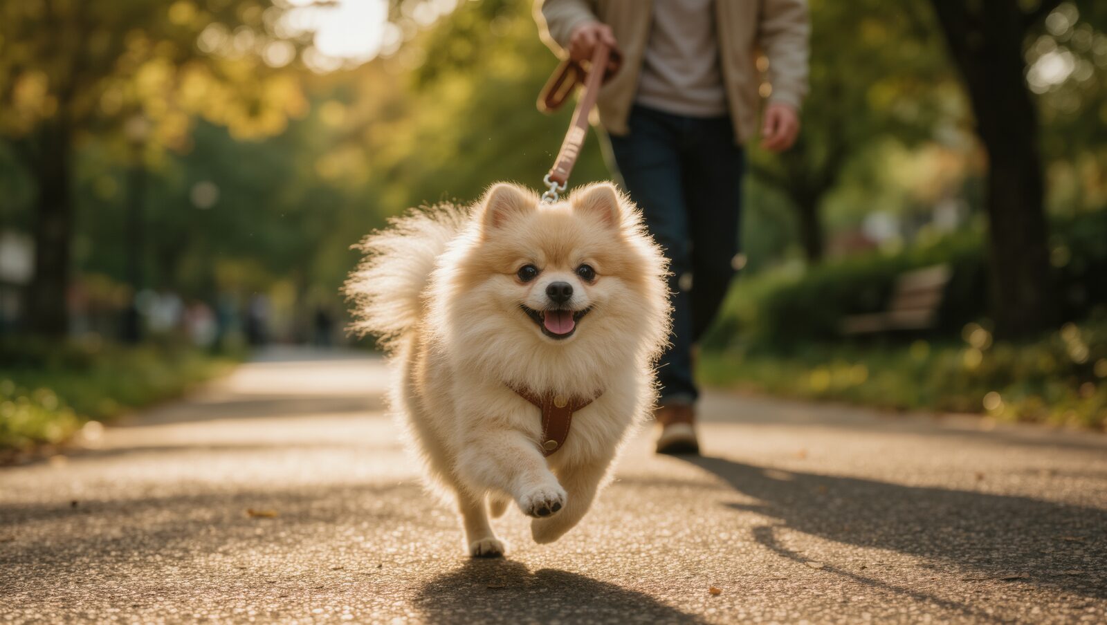 公園の散歩道を元気に歩く成犬のポメラニアン