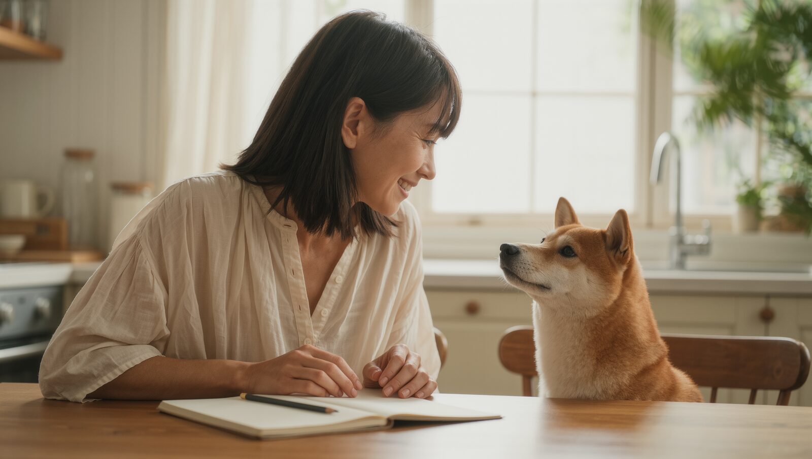 キッチンのテーブルで愛犬を見て微笑む女性