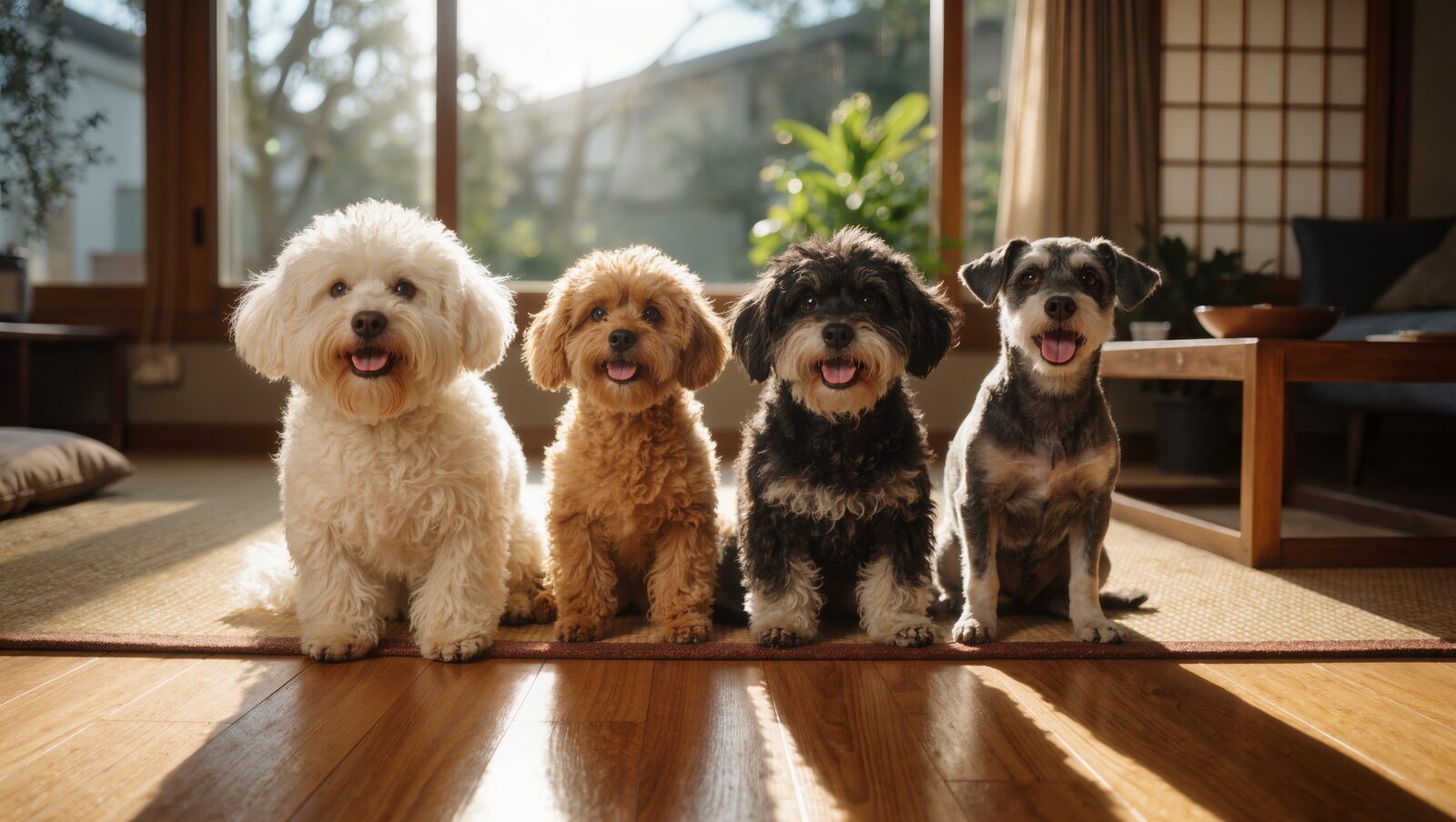 日の差すリビングに並んで座る4匹の小型犬