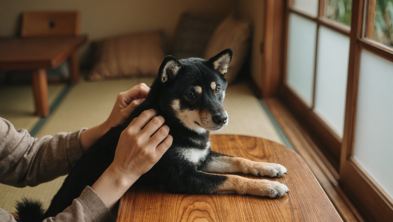 飼い主の手が和室で黒柴の毛並みをやさしくなでている様子
