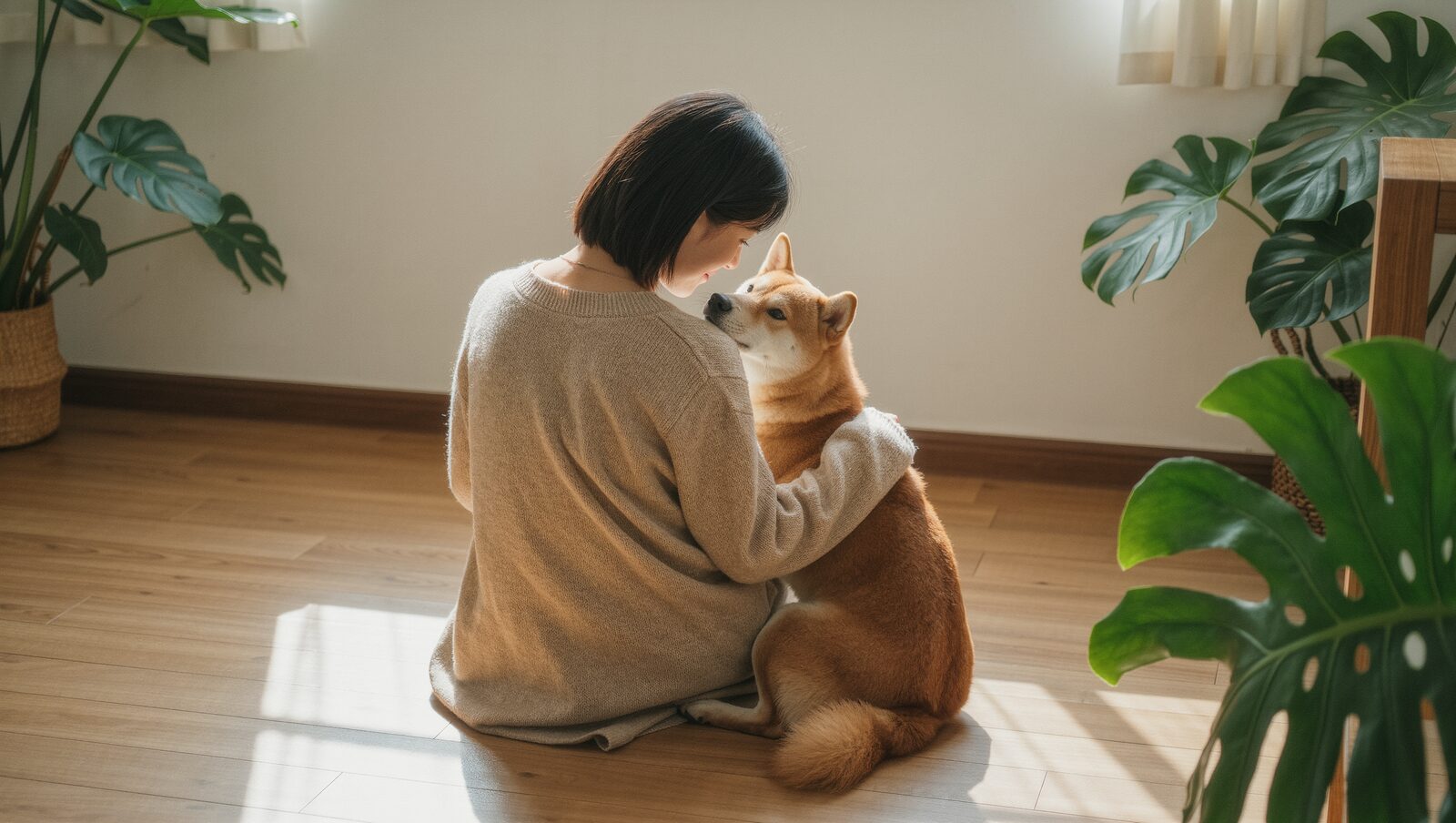 明るい部屋で飼い主が柴犬に寄り添い、やさしく見守る場面