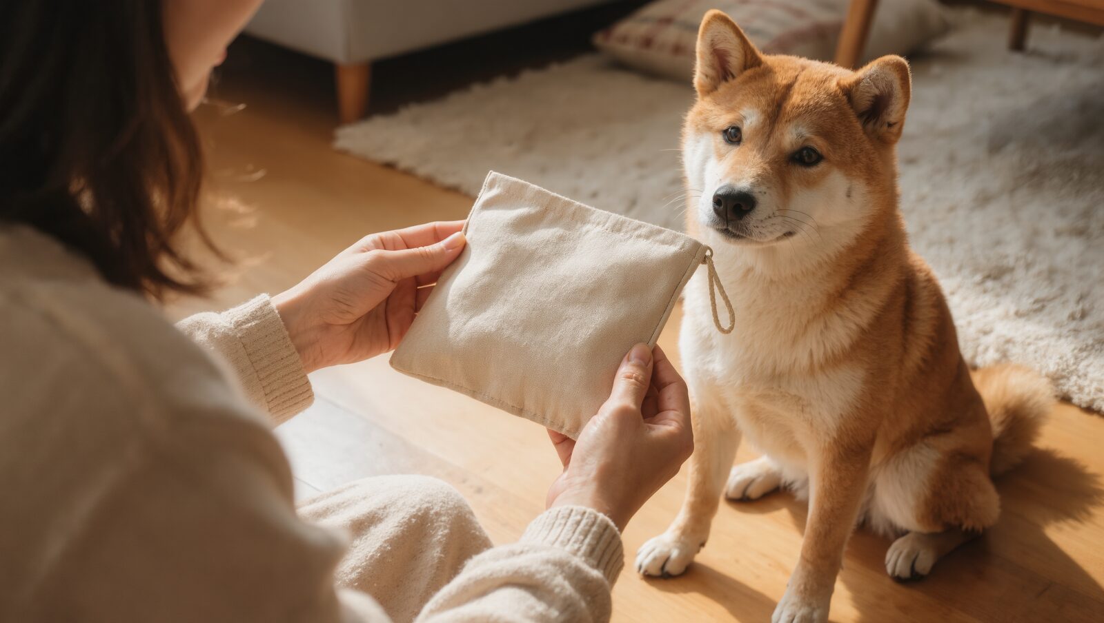 飼い主が持つ無地の布袋を見つめる柴犬