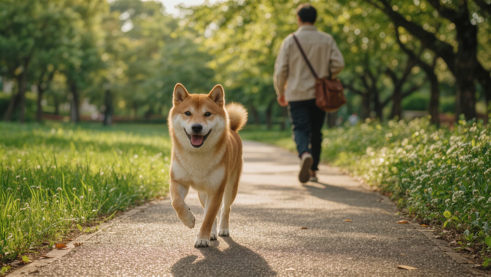公園の散歩道を元気に歩く柴犬と飼い主