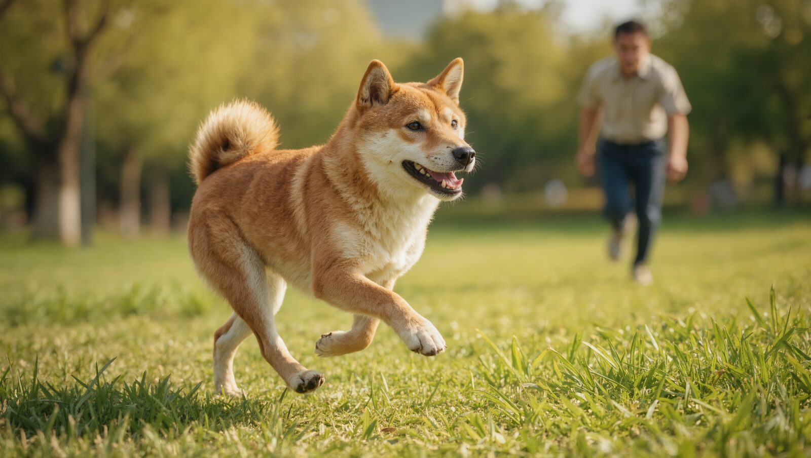 芝生を元気に駆ける柴犬と見守る飼い主