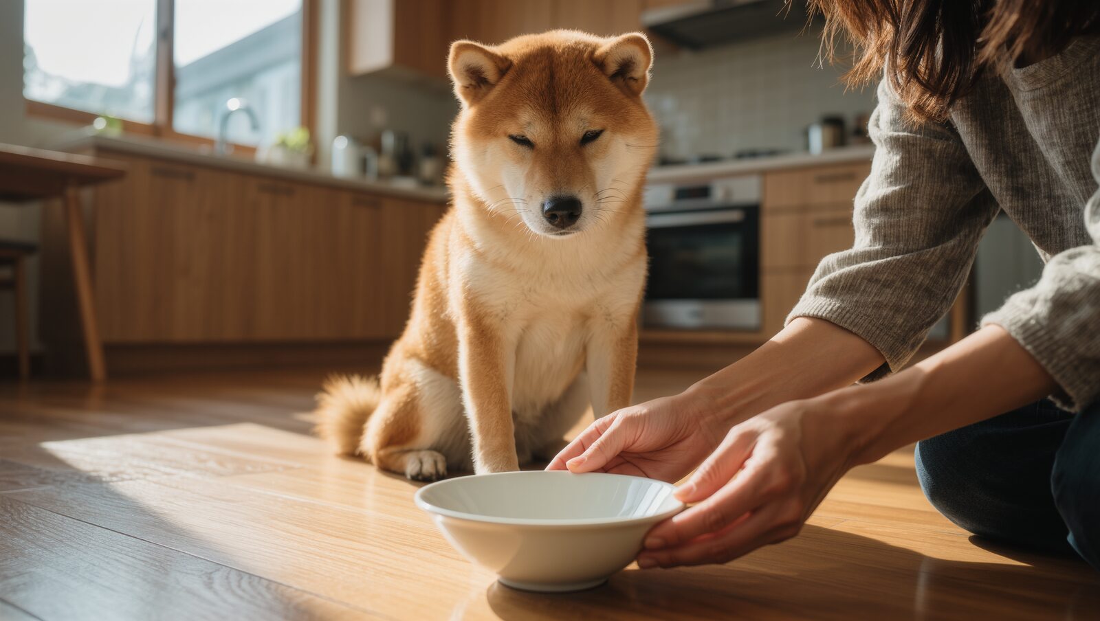 キッチンで飼い主が柴犬の前に白い器を置く様子