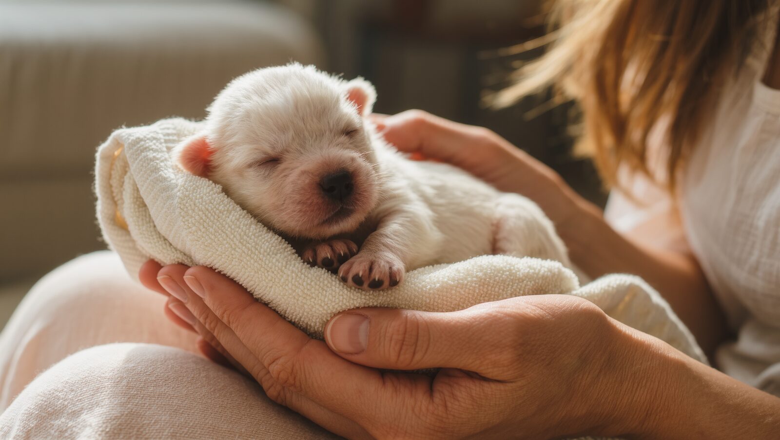 タオルにくるまれた生まれたての子犬を包む両手