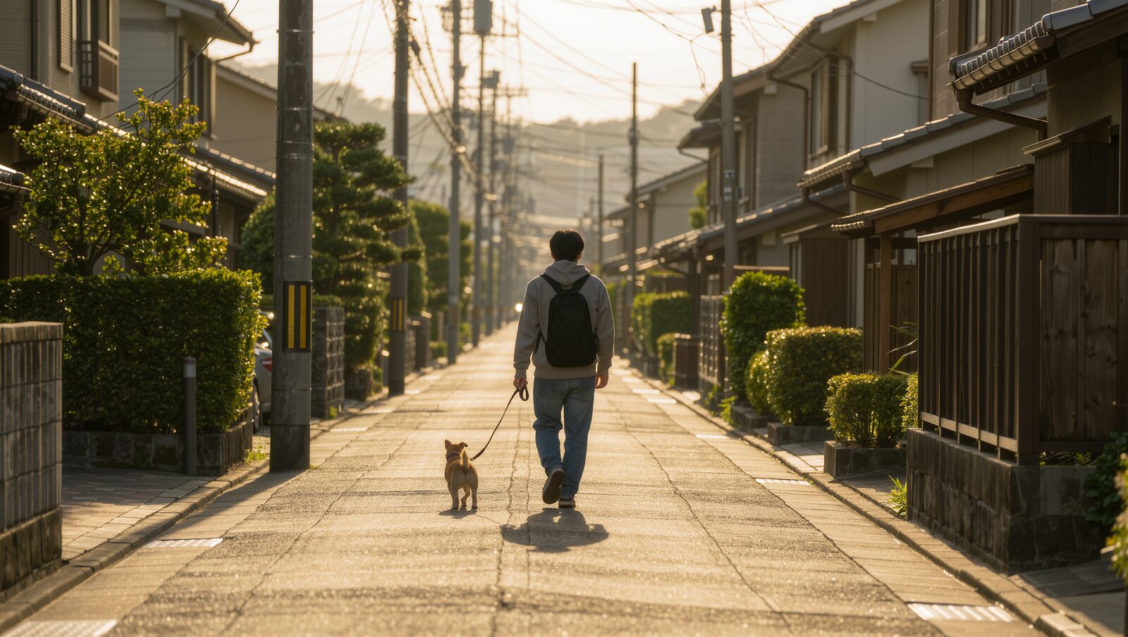 夕方の住宅街を犬とお散歩する後ろ姿
