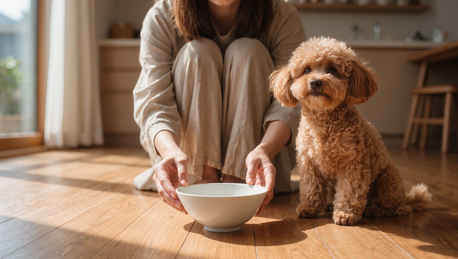 飼い主が白いお皿を置くのを待つトイプードル
