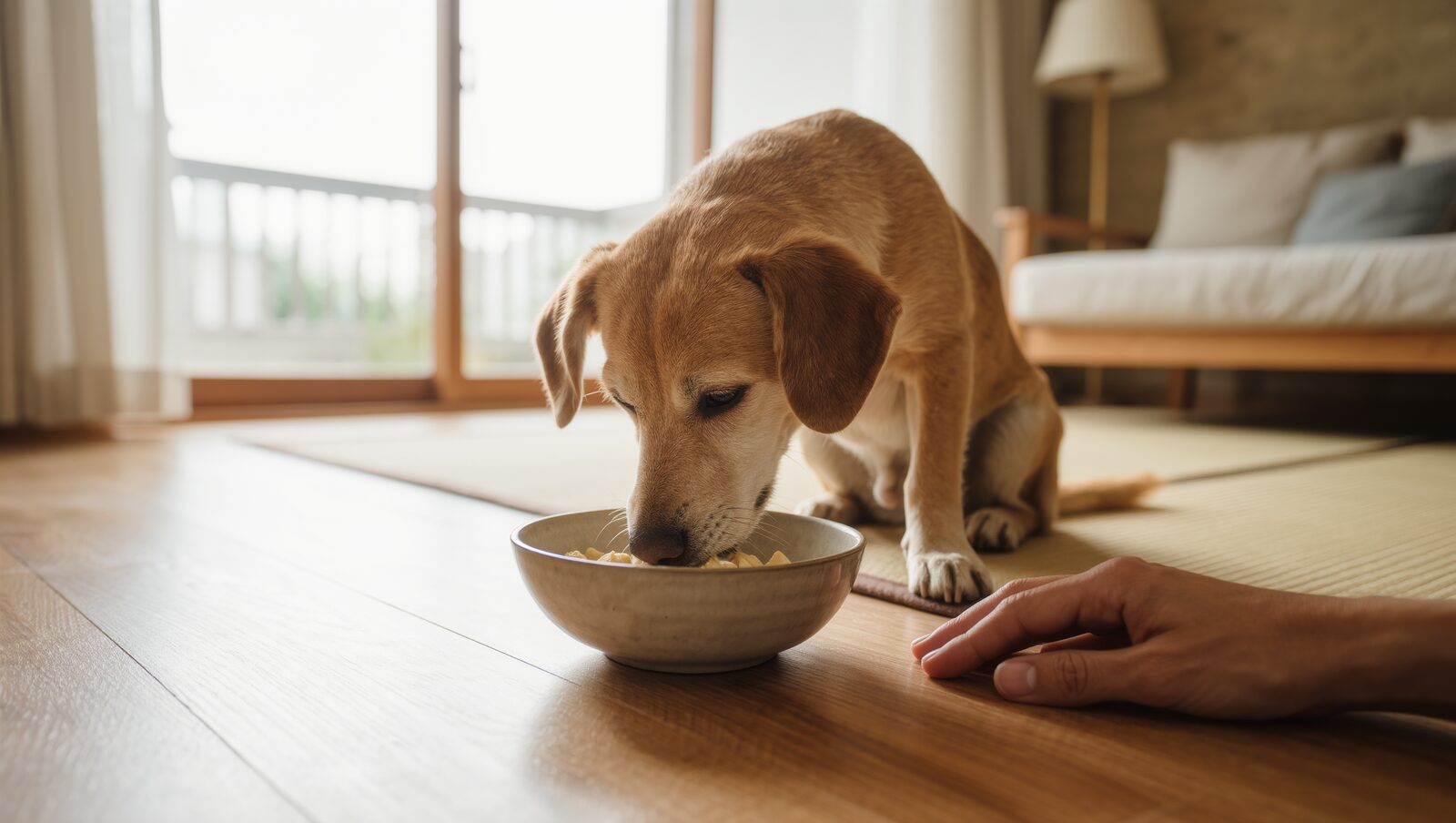 明るいリビングでゆっくりごはんを食べる犬