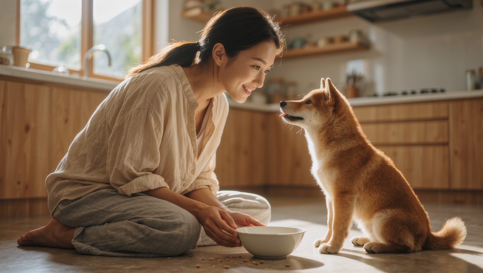 キッチンで空の器を前に、飼い主を見上げて待つ柴犬