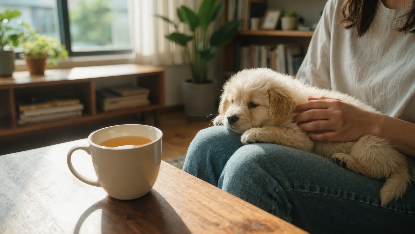 リビングで膝の上の子犬をやさしくなでる飼い主の手