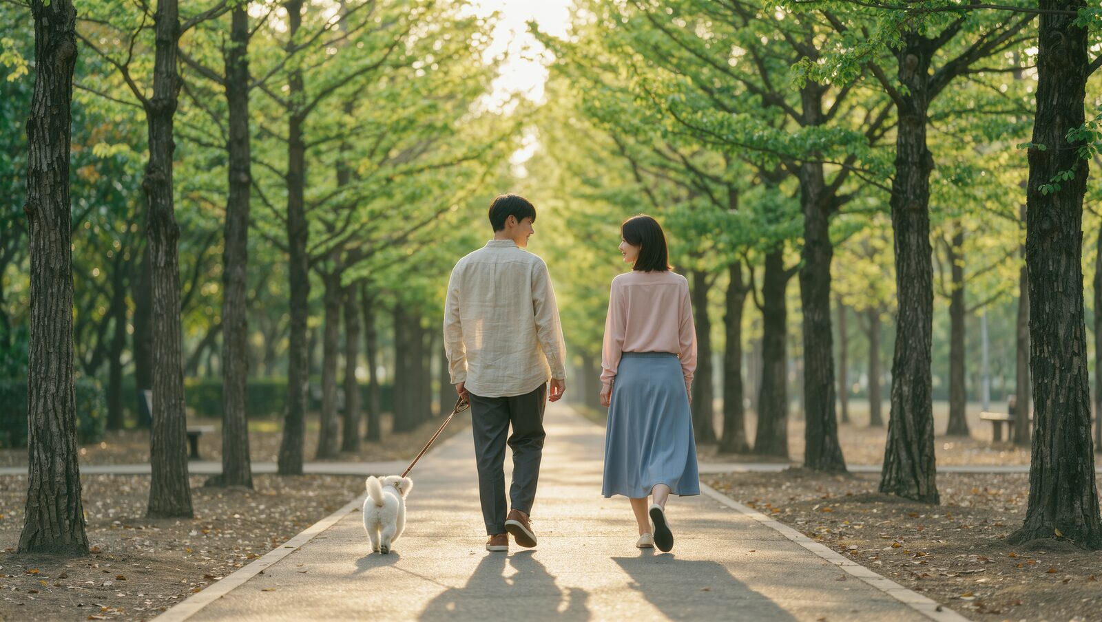 木漏れ日の並木道を子犬と散歩する日本人の二人
