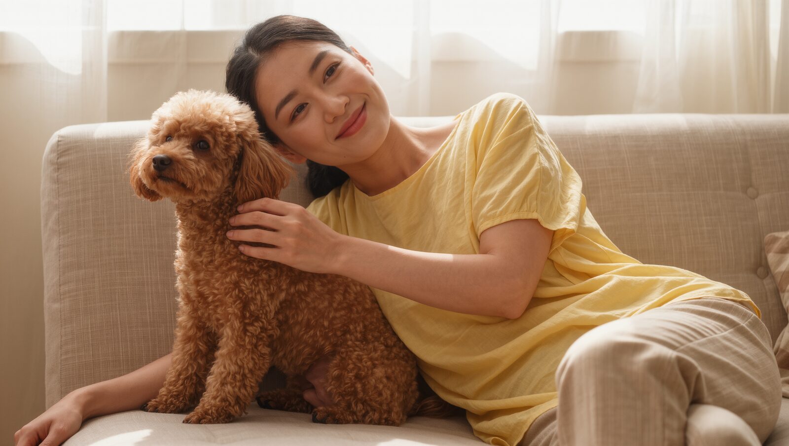 ソファで成犬のトイプードルをなでて微笑む飼い主