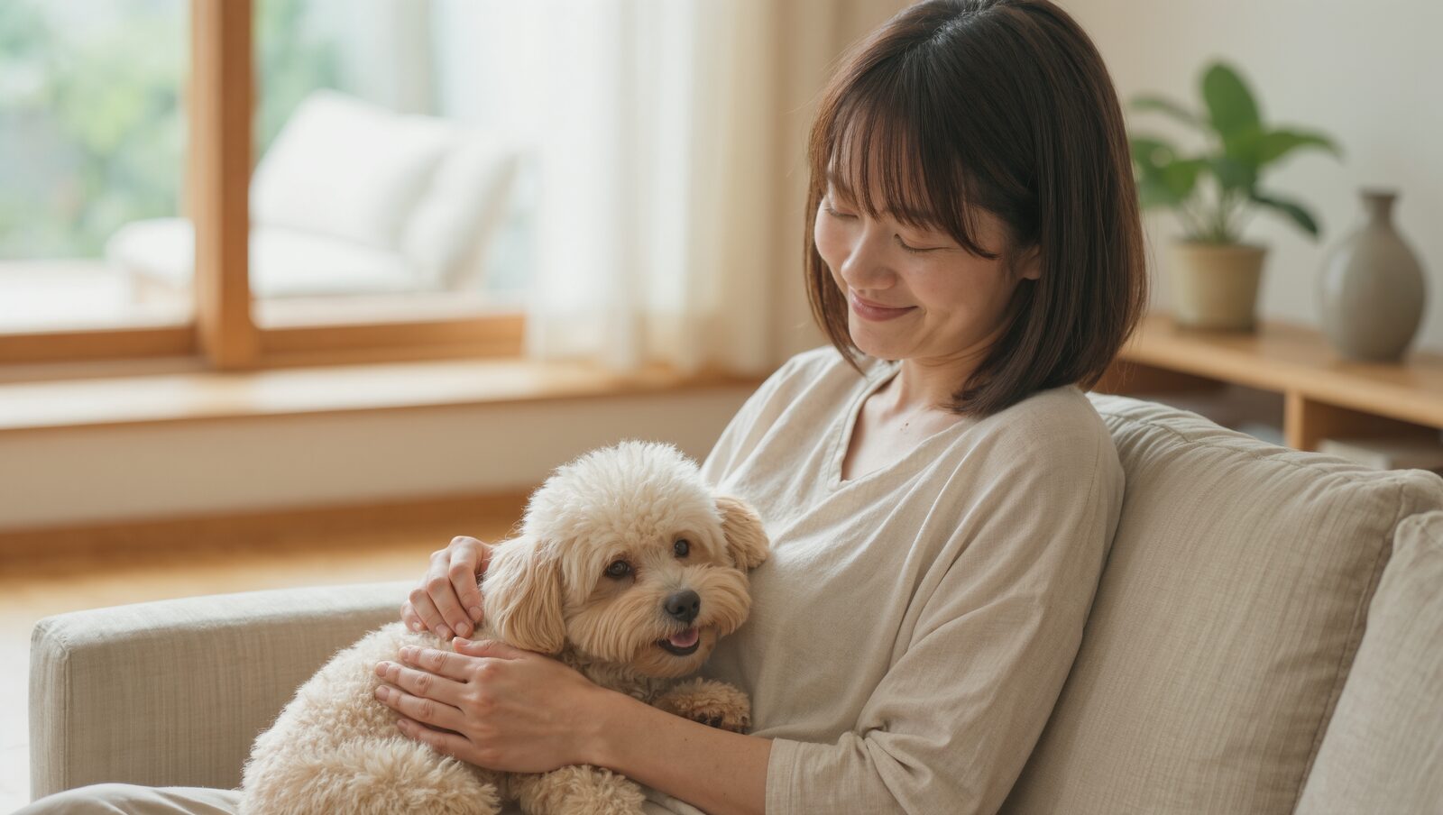 ソファで犬を膝にのせて優しくなでる日本人女性