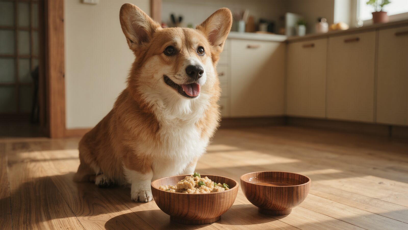 キッチンでごはん皿と水皿の前に座るコーギー