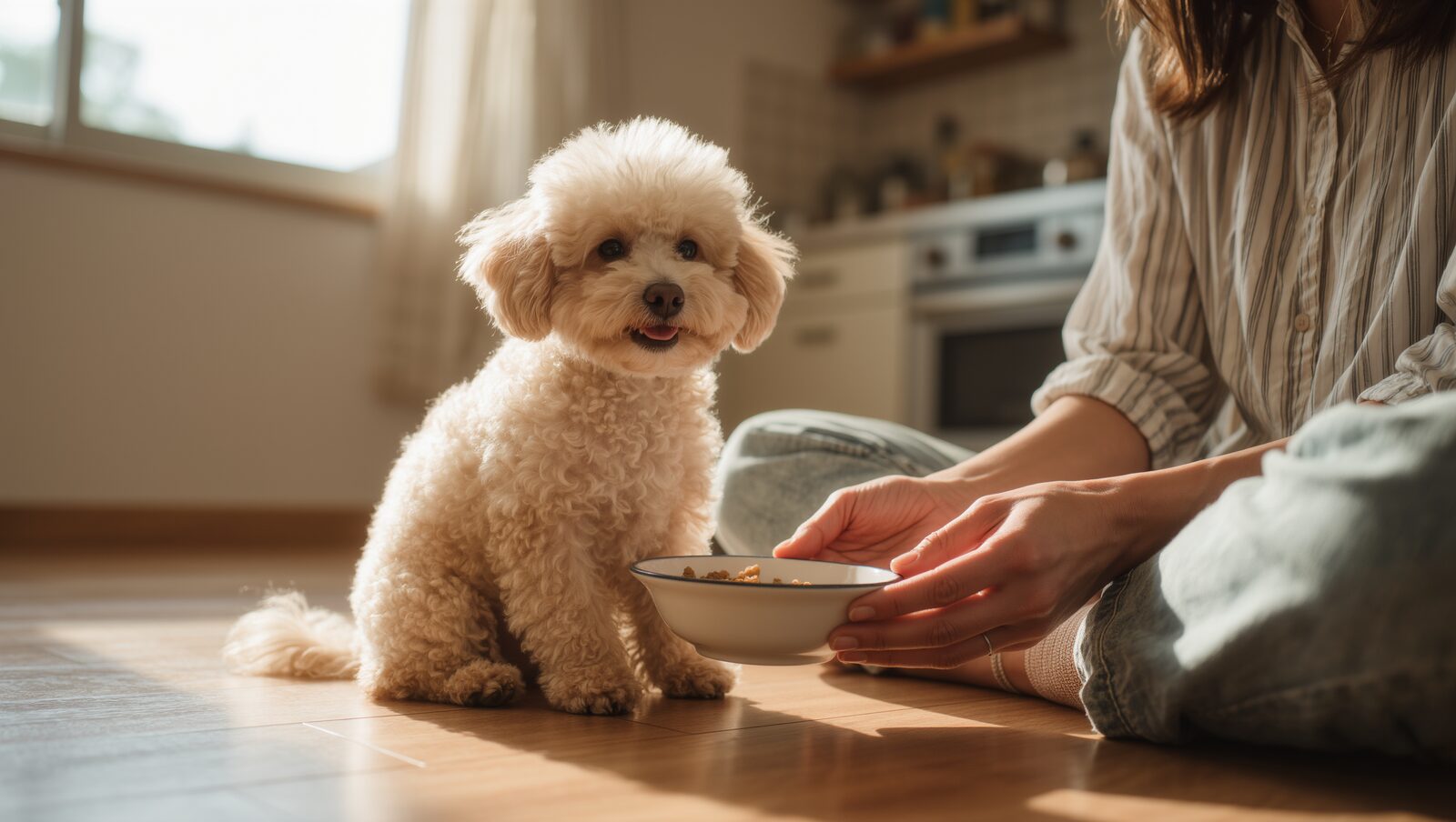 飼い主の隣でごはんの器を前に座る小さな子犬