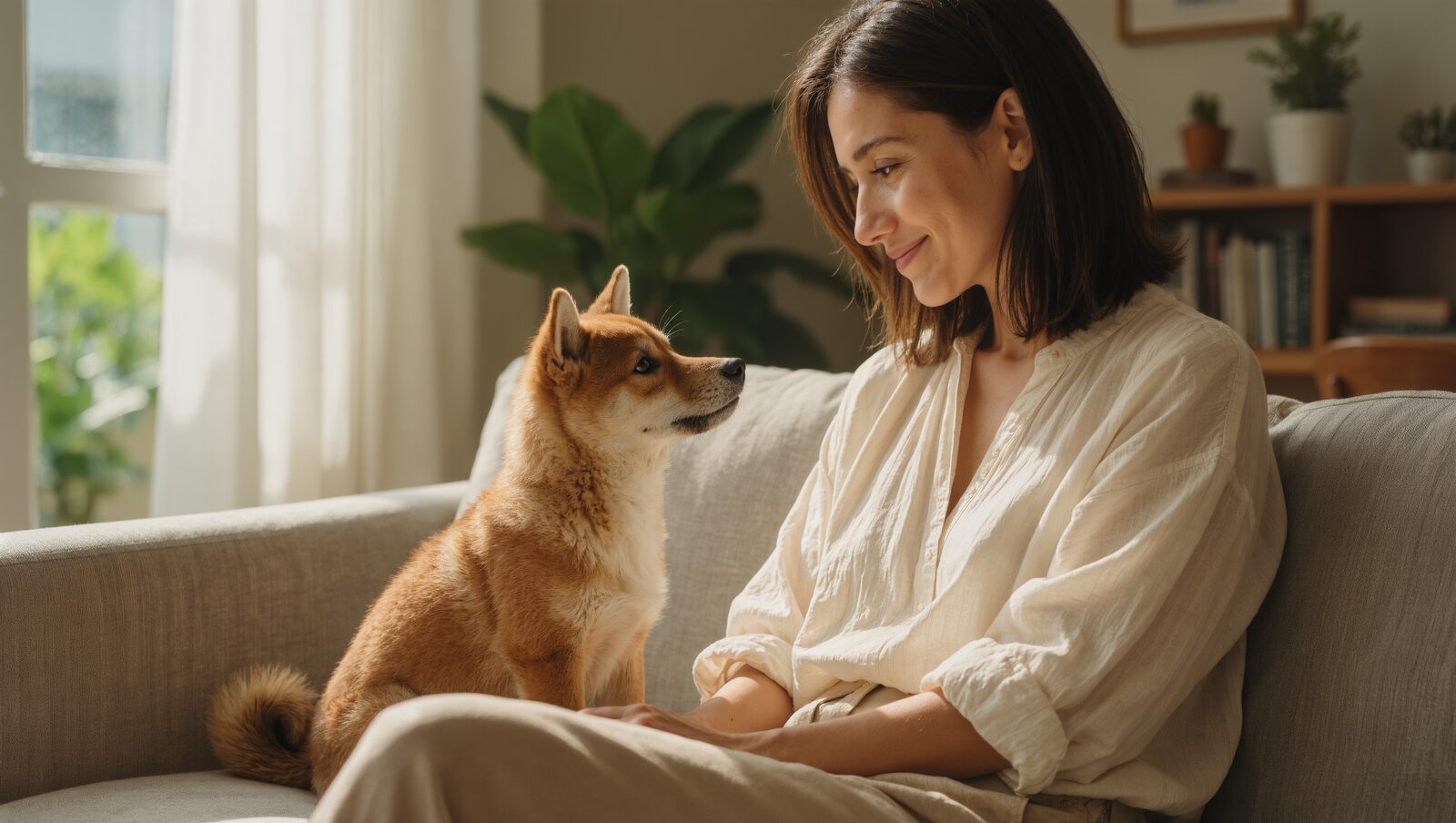 ソファで子犬を見つめて微笑む女性