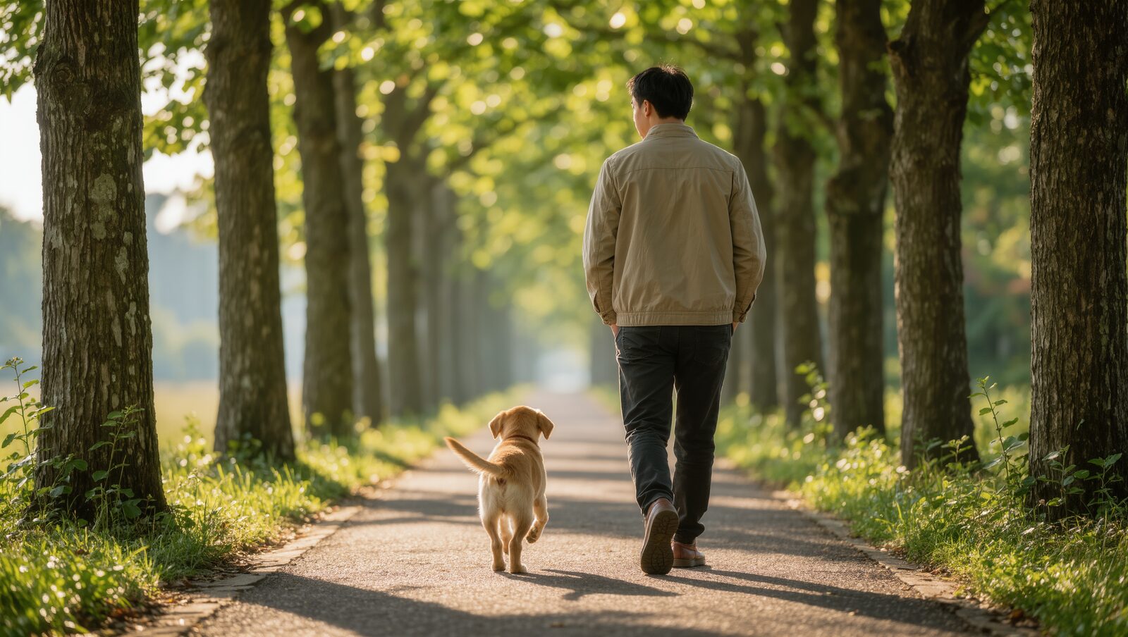 並木道を子犬と散歩する男性の後ろ姿