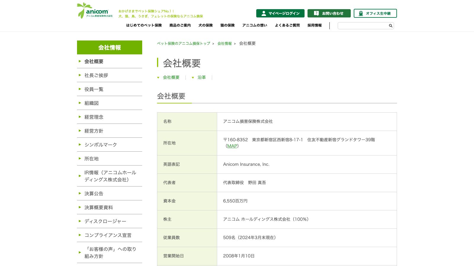 アニコム損害保険「会社概要（アニコム損害保険株式会社）」