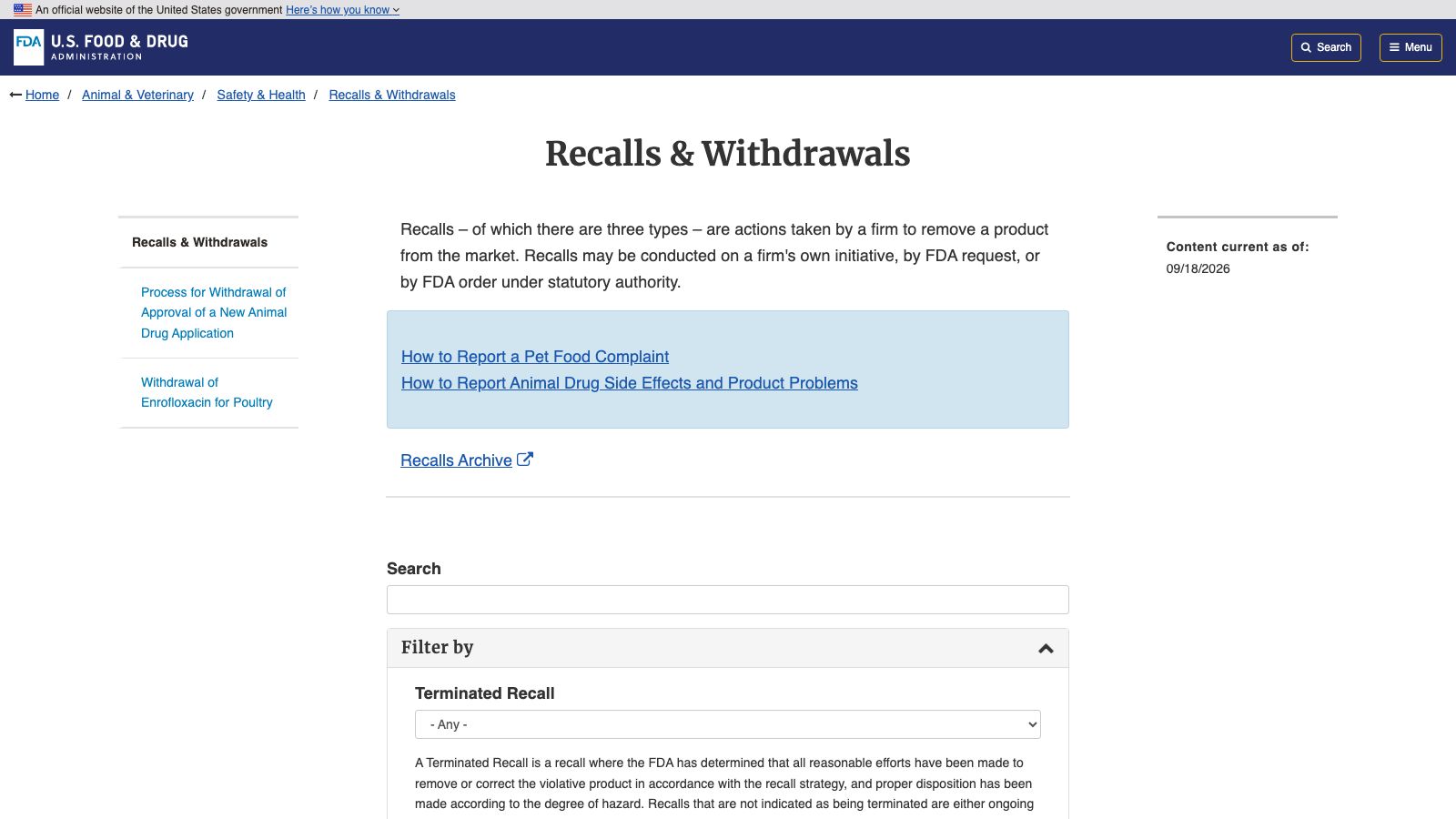 FDAのAnimal & Veterinary Recalls & Withdrawals
