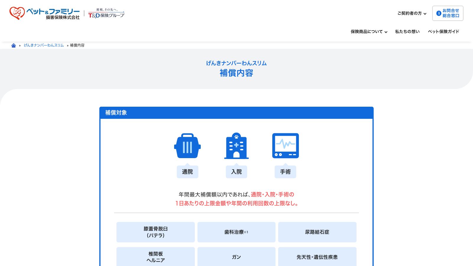 ペット＆ファミリー損保「げんきナンバーわんスリム」の補償内容ページ